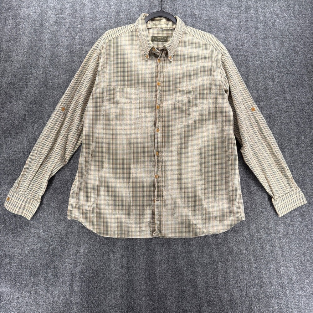 J.L. Powell Shirt Mens XL Cream Plaid Button Up Long Sleeve Textured Casual Prep